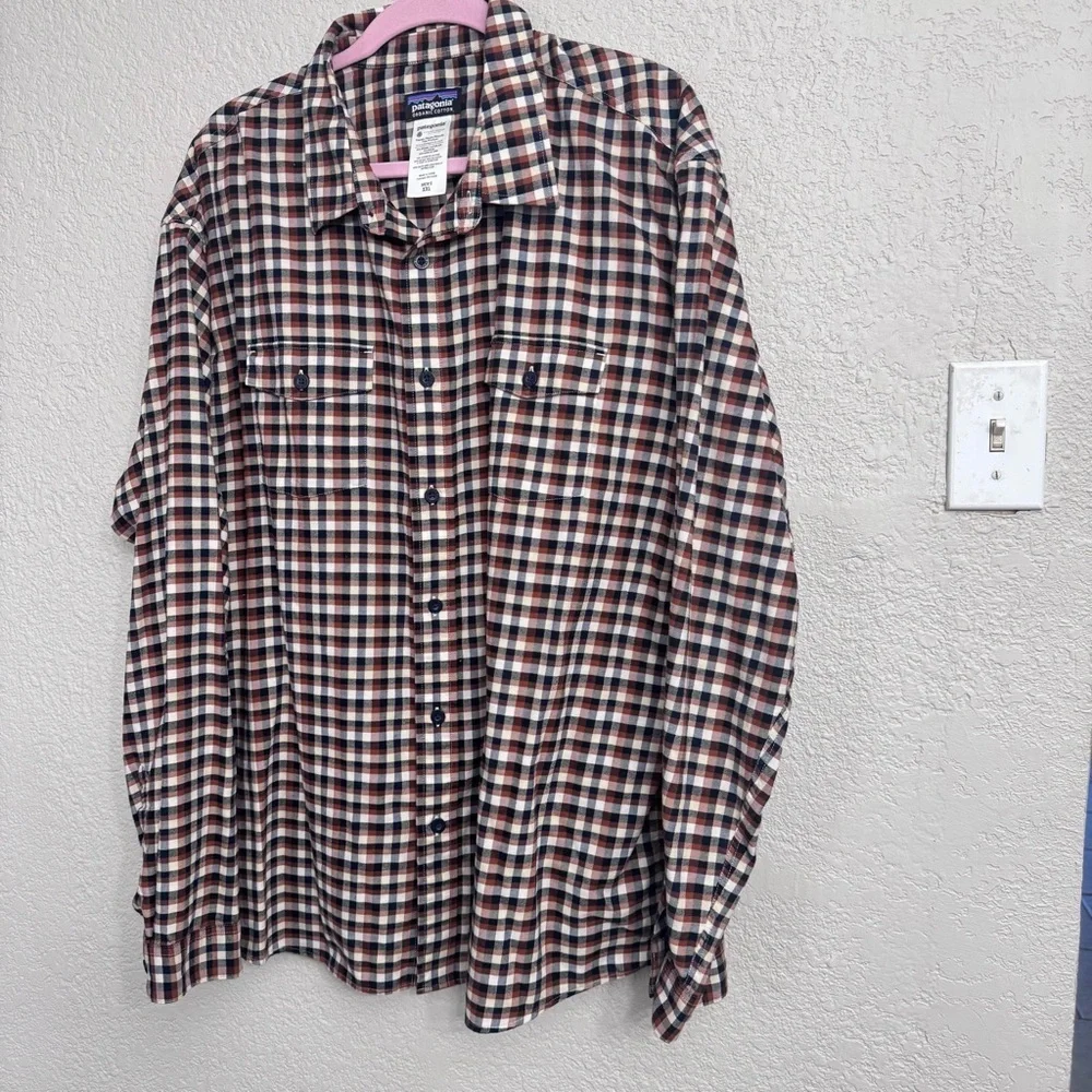 Patagonia Organic Cotton Plaid Button Up Shirt Men’s XXL Brown Blue Flannel